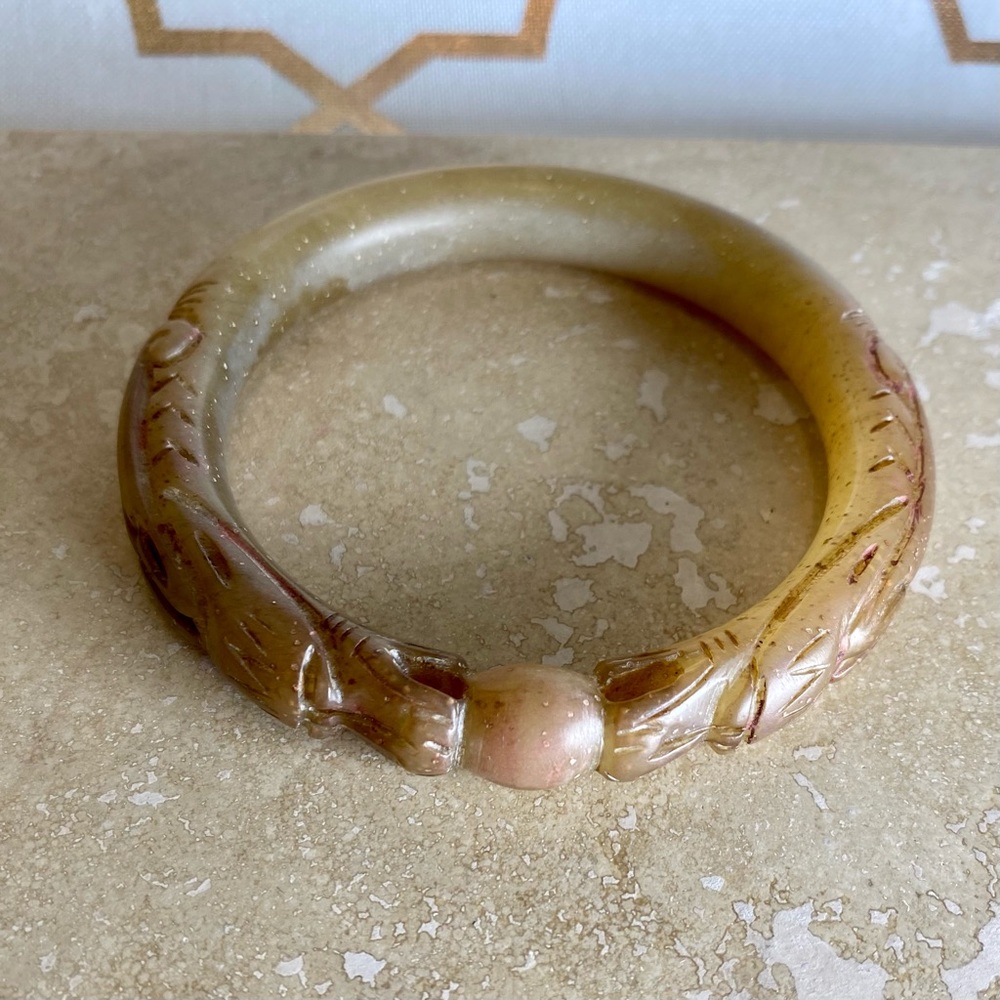 Double Dragon Carved Jade Bangle Bracelet